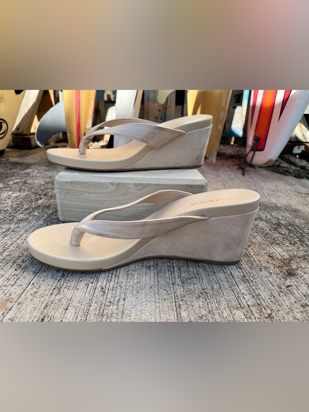 Wedge Thong Sandals in Light Beige